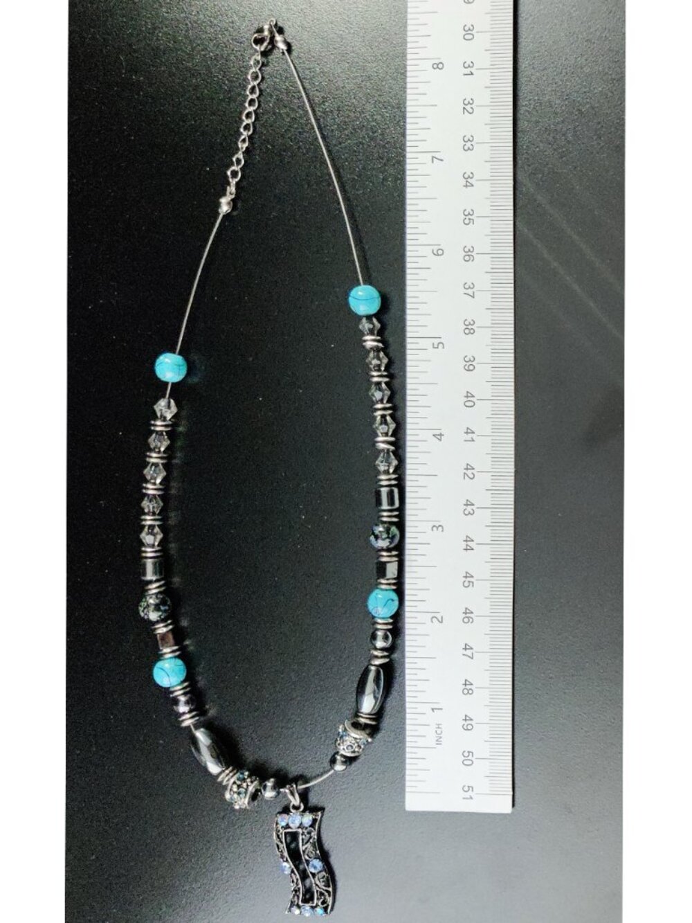 Vintage 90s Silver Art Deco Pendant Necklace Blue AB Crystals Rhinestones 18" - Picture 6 of 6